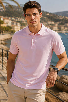 Polo Yaka Kol Ribanalı Erkek T-shirt Pembe - HİT TİME