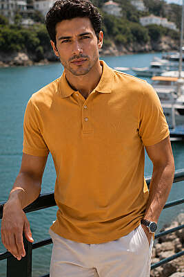 Polo Yaka Kol Ribanalı Erkek T-shirt Safran 
