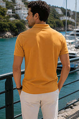 Polo Yaka Kol Ribanalı Erkek T-shirt Safran - Erkek T-shirt