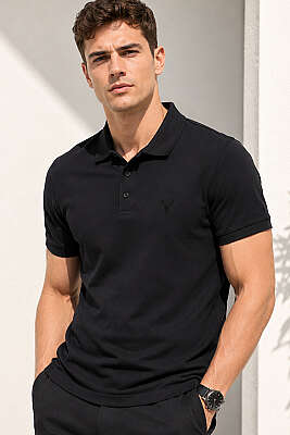 Polo Yaka Kol Ribanalı Erkek T-shirt Siyah - HİT TİME
