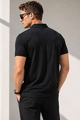Polo Yaka Kol Ribanalı Erkek T-shirt Siyah - Erkek T-shirt