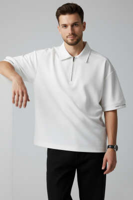 Polo Yaka Kol Yazılı Oversize Erkek T-shirt Beyaz 