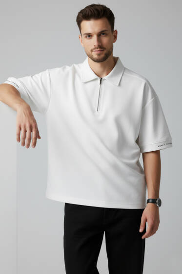 Polo Yaka Kol Yazılı Oversize Erkek T-shirt Beyaz - Erkek T-shirt