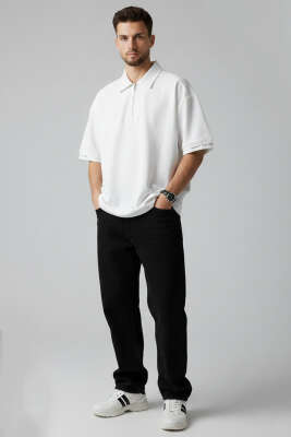 Polo Yaka Kol Yazılı Oversize Erkek T-shirt Beyaz - Erkek T-shirt