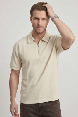 Polo Yaka Kol Yazılı Oversize Erkek T-shirt Kemik 
