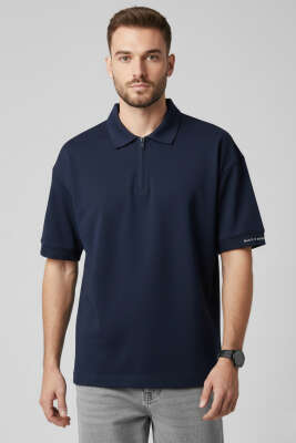 Polo Yaka Kol Yazılı Oversize Erkek T-shirt Lacivert - DEEP POİNT