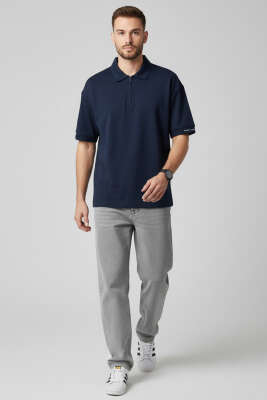 Polo Yaka Kol Yazılı Oversize Erkek T-shirt Lacivert - Erkek T-shirt