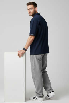 Polo Yaka Kol Yazılı Oversize Erkek T-shirt Lacivert - Erkek T-shirt