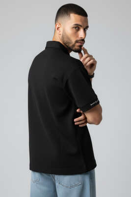 Polo Yaka Kol Yazılı Oversize Erkek T-shirt Siyah - Erkek T-shirt