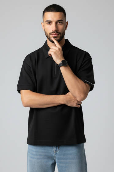 Polo Yaka Kol Yazılı Oversize Erkek T-shirt Siyah - Siyah Polo Yaka Tişört