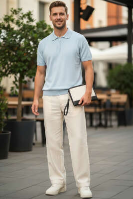 Polo Yaka Merserize Erkek T-shirt Bebe Mavi - Erkek T-shirt