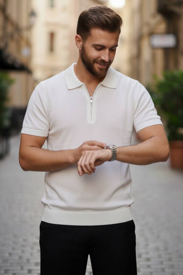 Polo Yaka Merserize Erkek T-shirt Ekru - Beyaz Polo Yaka Tişört