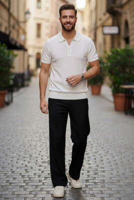 Polo Yaka Merserize Erkek T-shirt Ekru - Erkek T-shirt