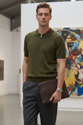 Polo Yaka Merserize Erkek T-shirt Haki - DEEP POİNT