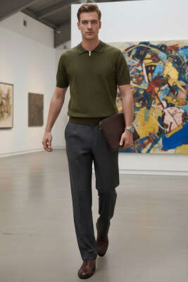 Polo Yaka Merserize Erkek T-shirt Haki - Erkek T-shirt