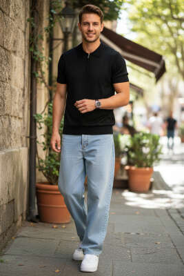 Polo Yaka Merserize Erkek T-shirt Siyah - Erkek T-shirt