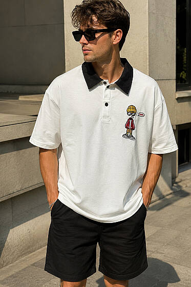 Polo Yaka Nakışlı Erkek T-shirt Beyaz - Babalar Günü