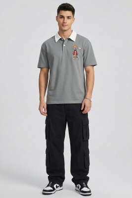 Polo Yaka Nakışlı Erkek T-shirt Gri - Erkek T-shirt