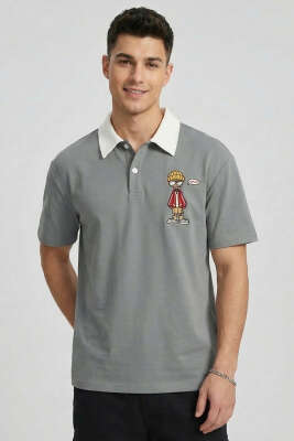 Polo Yaka Nakışlı Erkek T-shirt Gri - FRESHMAN