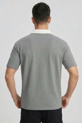 Polo Yaka Nakışlı Erkek T-shirt Gri - Yılın Fırsatı
