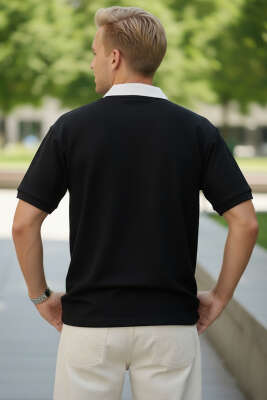 Polo Yaka Nakışlı Erkek T-shirt Siyah - Erkek T-shirt