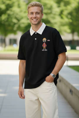 Polo Yaka Nakışlı Erkek T-shirt Siyah - FRESHMAN