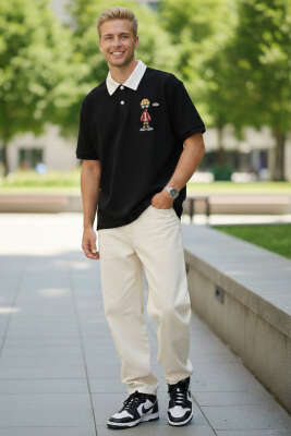 Polo Yaka Nakışlı Erkek T-shirt Siyah - Yeni Erkek Giyim