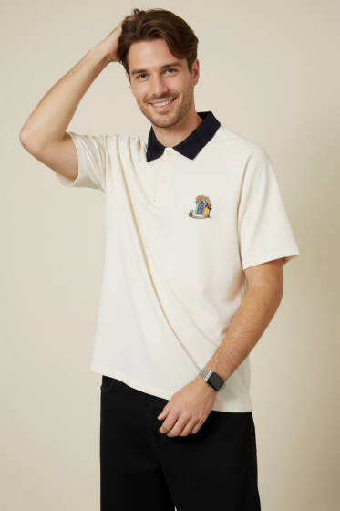 Polo Yaka Nakışlı İki İplik T-shirt Ekru - Beyaz Polo Yaka Tişört