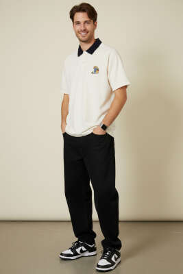 Polo Yaka Nakışlı İki İplik T-shirt Ekru - Erkek T-shirt