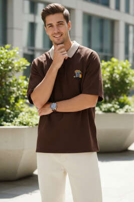 Polo Yaka Nakışlı İki İplik T-shirt Kahve 