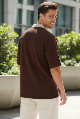 Polo Yaka Nakışlı İki İplik T-shirt Kahve - Erkek Polo Yaka Tişört