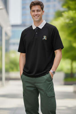 Polo Yaka Nakışlı İki İplik T-shirt Siyah 