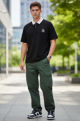 Polo Yaka Nakışlı İki İplik T-shirt Siyah - Erkek T-shirt