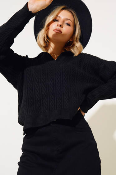 Polo Yaka Örgü Desen Triko Kazak Siyah - Kadın Giyim Modelleri