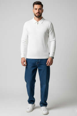 Polo Yaka Örme Erkek Sweatshirt Ekru - Erkek Sweatshirt