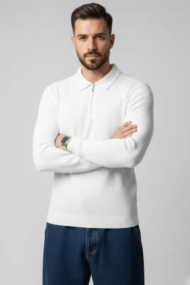 Polo Yaka Örme Erkek Sweatshirt Ekru 