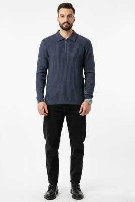 Polo Yaka Örme Erkek Sweatshirt Füme - Erkek Sweatshirt