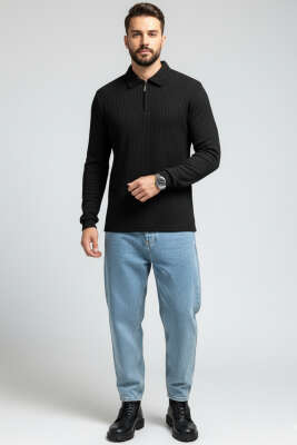 Polo Yaka Örme Erkek Sweatshirt Siyah - Erkek Sweatshirt