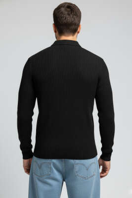 Polo Yaka Örme Erkek Sweatshirt Siyah - Erkek Sweatshirt