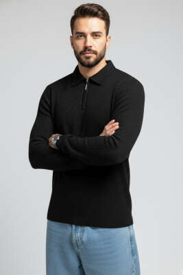 Polo Yaka Örme Erkek Sweatshirt Siyah - Yeni Erkek Giyim