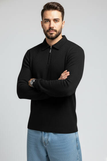 Polo Yaka Örme Erkek Sweatshirt Siyah - Yeni Erkek Giyim
