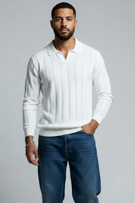 Polo Yaka Petek Örme Detaylı Triko Erkek Kazak Ekru - WİPEOUT