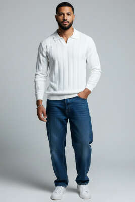 Polo Yaka Petek Örme Detaylı Triko Erkek Kazak Ekru - Erkek Kazak