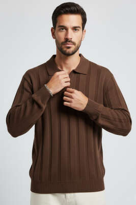 Polo Yaka Petek Örme Detaylı Triko Erkek Kazak Kahve - WİPEOUT