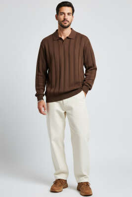 Polo Yaka Petek Örme Detaylı Triko Erkek Kazak Kahve - Erkek Kazak