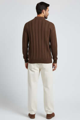 Polo Yaka Petek Örme Detaylı Triko Erkek Kazak Kahve - Erkek Kazak