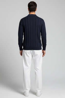 Polo Yaka Petek Örme Detaylı Triko Erkek Kazak Lacivert - Erkek Kazak