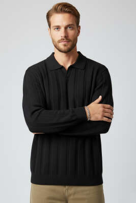 Polo Yaka Petek Örme Detaylı Triko Erkek Kazak Siyah - WİPEOUT