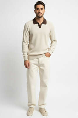 Polo Yaka Renkli Triko Kazak Bej - Erkek Kazak