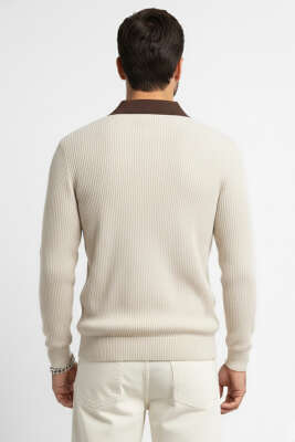 Polo Yaka Renkli Triko Kazak Bej - Erkek Kazak